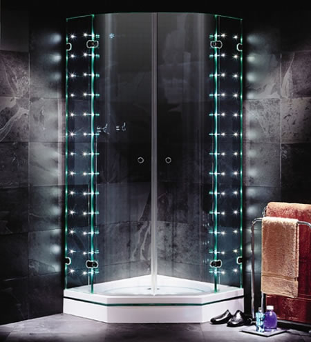 This shower has LED lights to tell you when the water is 