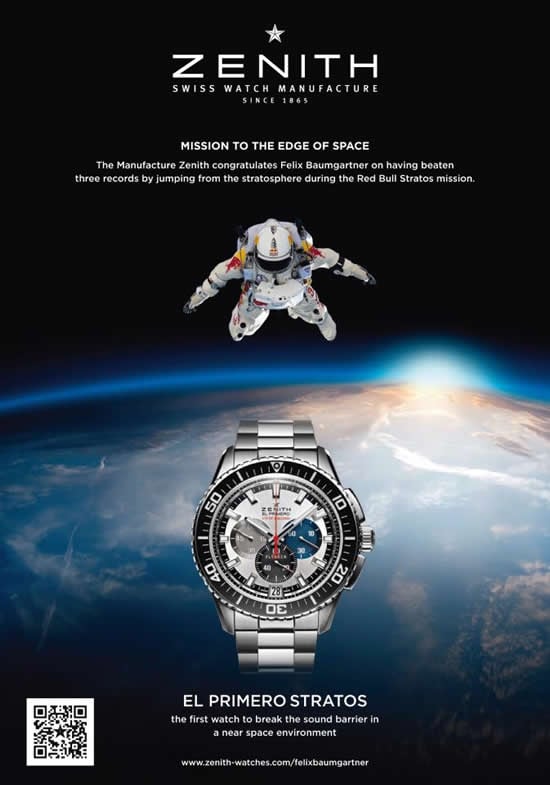 Zenith El Primero Stratos Flyback Striking 10th chronograph straps on to Felix Baumgartners wrist to set world records Zenith El Primero Stratos Flyback Striking 10th chronograph straps on to Felix Baumgartners wrist to set world records