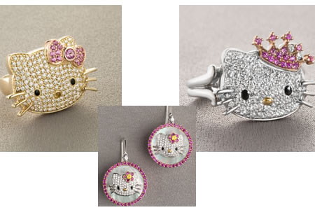 18k GF Gold & Pink enamel Hello Kitty Heart 3pc Necklace Earrings Girls gift set 